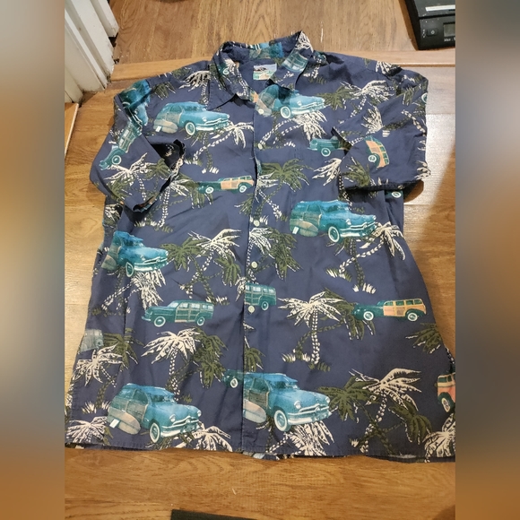 ~90'S Reyn Spooner all-over palm tree pattern open collar rayon Hawaiian aloha shirt box shirt men's size L Rayon Khaki type Vintage Second Hand